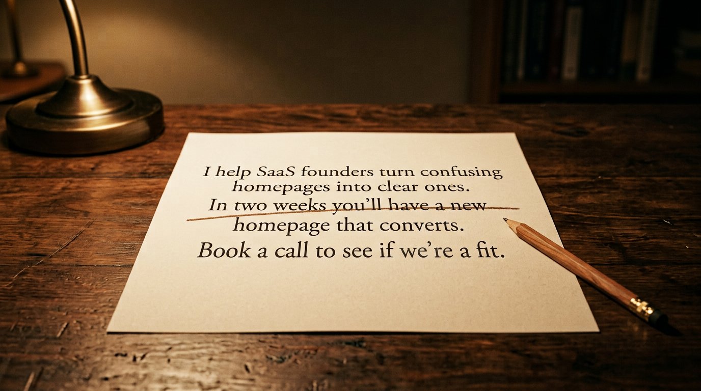 A printed draft on a desk, a line struck through